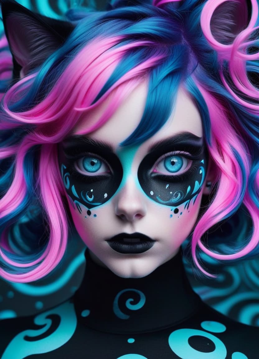  hyperrealistic art bright colors, swirling patterns, abstract shapes, surreal, unusual, dark fantasy, cat girl neko chan, she has cyan colored eyes, black and pink hair, painted with monochrome ink, gothic style.abstractionism, . extremely high resolution details, photographic, realism pushed to extreme, fine texture, incredibly lifelike, civitai