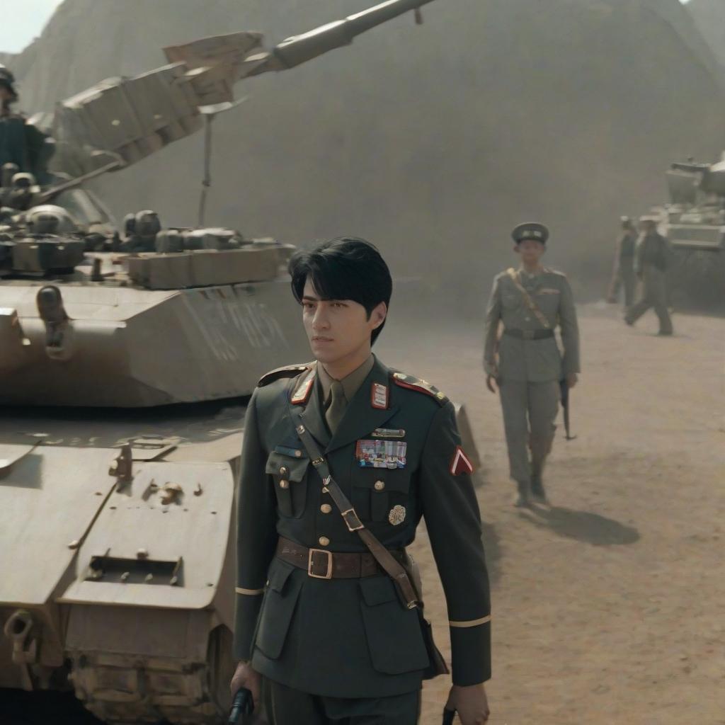  a man with black hair and military uniform stands by a tank