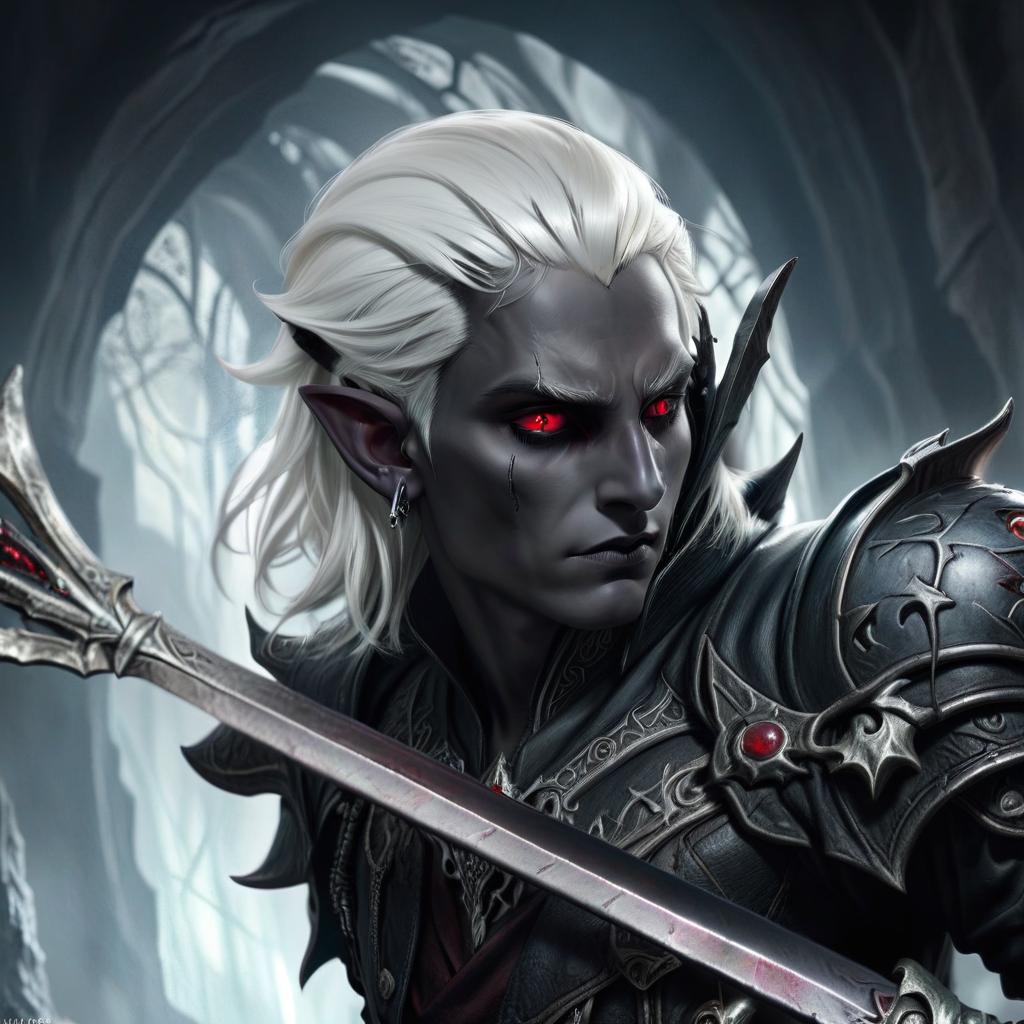  macabre style drow male elf cleric, graphite color skin, red eyes, silver medium haircut, white eyelashes, white brows, black leather jacket, dark cave temple . dark, gothic, grim, haunting, highly detailed, civitai