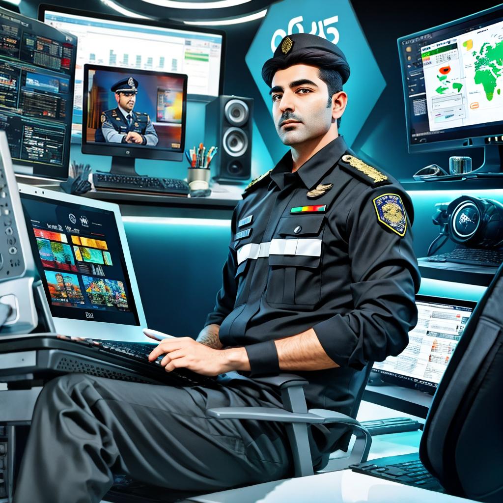  an iranian police officer sitting behind a computer desk front view with cyber background, award winning, professional, highly detailed, masterpiece