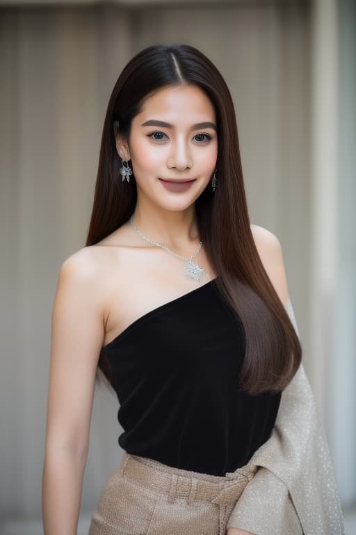  a young woman with long, flowing brown hair smiles brightly at the camera. she is wearing a sheer black top with silver stars and a delicate silver necklace. her skin is flawless and her eyes sparkle with happiness. the background is blurry, suggesting a casual, intimate setting. [digital painting, portrait style], [inspired by the work of annie leibovitz], [soft lighting, warm tones, shallow depth of field, focus on the woman\'s face and eyes], sabai,jewelry,thailand tradition dress advertising photo,high quality, good proportion, masterpiece , the image is captured with an 8k camera