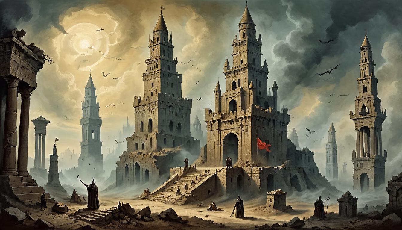  on parchment, surrealism+++, imposing towers, reaching skyward, adorned with symbols of victory, ruins left in shadow, figures slumped and defeated, angry skies(mysterious, provocative, symbolic,muted color)+++