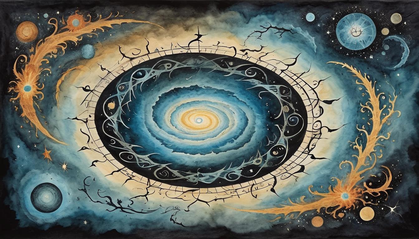  on parchment, surrealism+++, swirling vortex, dark energy, cracked mirror in the center, symbolizing return of negativity, turbulent and chaotic mood(mysterious, provocative, symbolic,muted color)+++