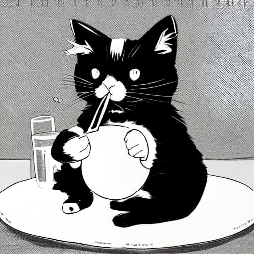 A fluffy black and white cat enjoying her food.