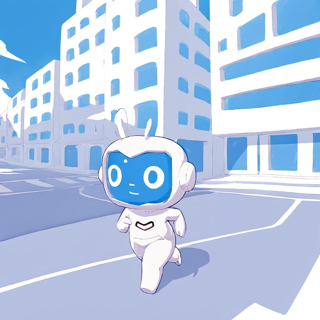  anxiaozhi,a white cute robot with blue face is running on the city street,a clean and crisp anime illustration with bold outlines, smooth shading,cell shaded, crisp ,flat colors, and a minimalistic background.