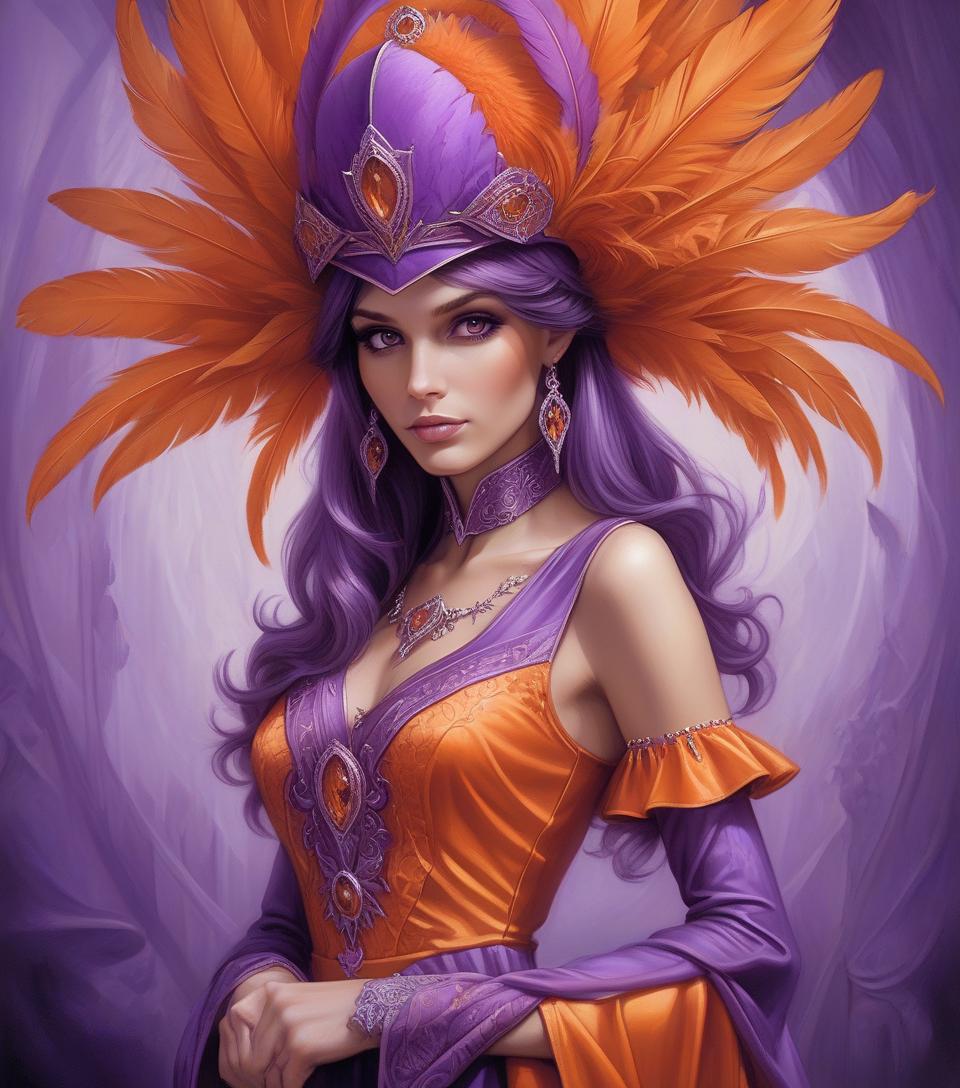  a woman wearing a purple and orange hat and dress with feathers on it's head and a purple dress with orange trim, anne stokes, fantasy art, orange, a detailed painting