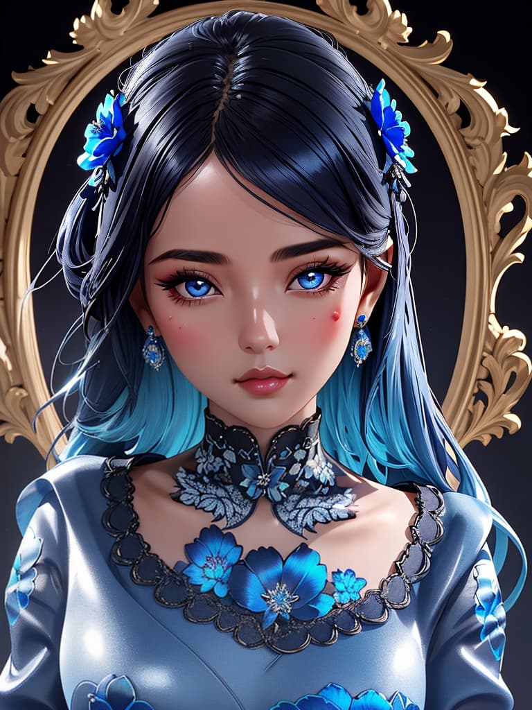  Close-up porcelain female figurine, looking to the camera, glossy surface, glaze, shiny, blue floral tattoos on her, dark gradient background, baroque dark style, hyperrealistic, CG society, intricate details