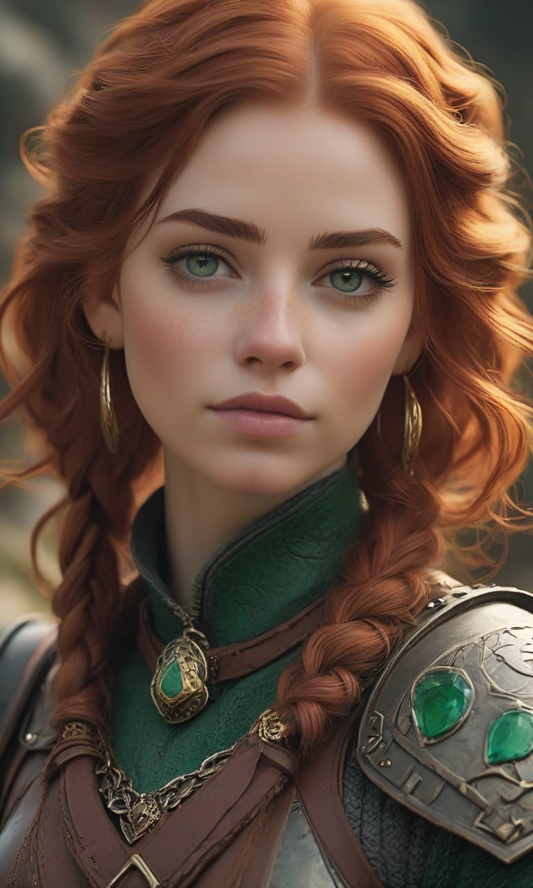  fashion editorial style photo of a dwarven female character in full growth with a strong, yet gentle appearance, photo is made with camera canon eos r5 with lens canon rf 85mm f/1.2l usm , she has a round face with fair, slightly freckled skin, her eyes are large, expressive, and emerald green, reflecting a sense of determination and kindness, the character's lips are full and slightly pursed, with a natural pink hue, bulbous beautiful nose, her hair is a rich auburn color, cut into a bob just above the shoulders, with a few sections braided and tied with golden bands, the hair is parted slightly to the side, framing her face in a way that accentuates her soft features. she wears a brown silver armor with intricate engravings, emphasizing t