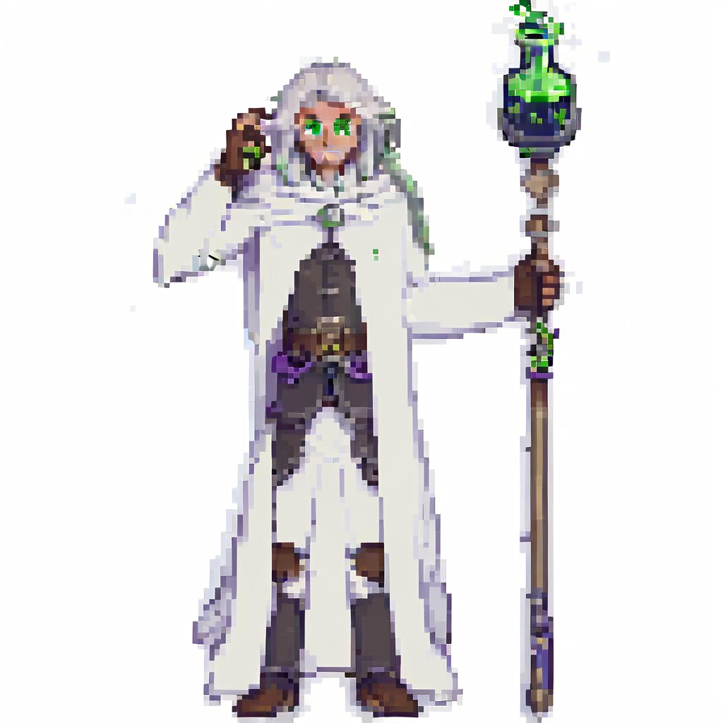  pixel art human , alchemist , wizard, white cape , green eyes, brown hair with white hair on top, potion in hand, . low res, blocky, pixel art style, 8 bit graphics