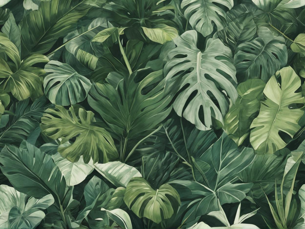  minimalism, the scene displays a lush, tropical landscape, filled with a dense arrangement of broad, green leaves from various types of tropical plants. the foliage consists of large banana leaves, palm fronds, and possibly monstera leaves, creating a rich, textured canopy that feels both vibrant and calming. the variety of green shades, along with the natural layering of the plants, conveys a deep, almost jungle like atmosphere, reminiscent of a serene, thriving tropical rainforest., abstract, simple geometic shapes, hard edges, sleek contours, minimalism