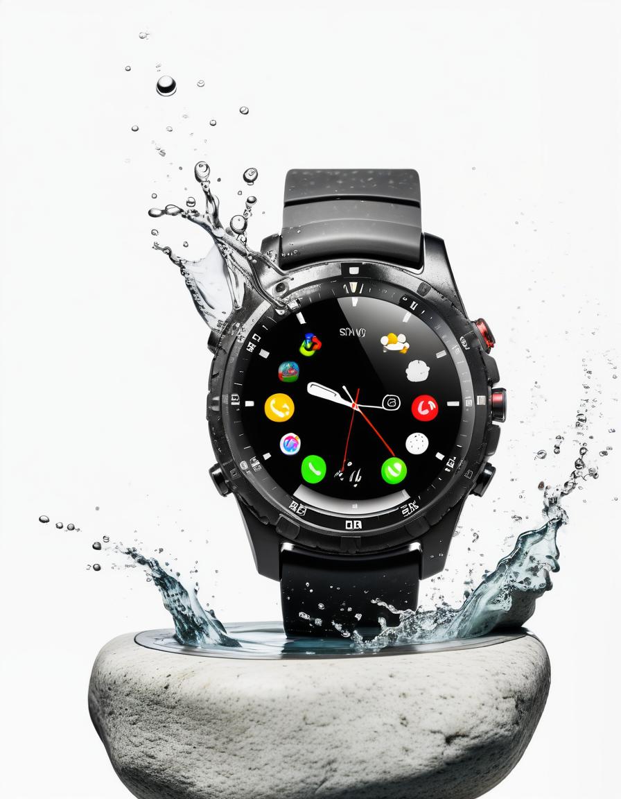  smart watch on a stone on a white background, around a splash of water, film photography style