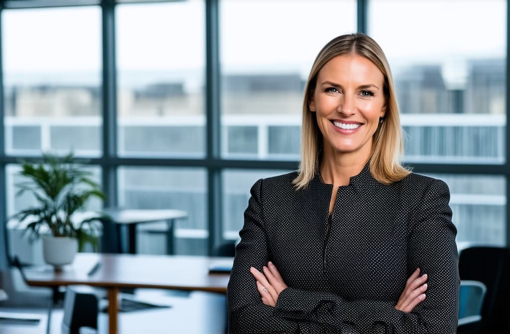  professional detailed photography, portrait of smiling businesswoman standing in open plan office. happy female professional executive manager, financial banking or marketing data. ar 3:2, (muted colors, dim colors, soothing tones), (vsco:0.3)