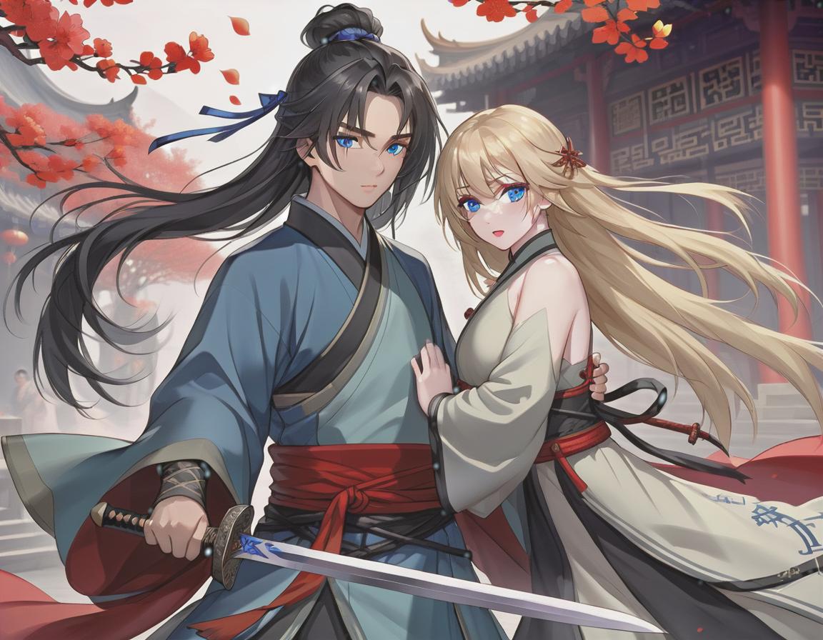  breathtaking realistic photo, two people, a character from the novel “system save yourself for the main hero”, lo binghe, a young man in black with an unassuming long sword behind his back. long black hair to the waist, red eyes, demonic mark on the forehead, next to him is a girl blonde, blonde hair to the shoulder blades, european face type, light skin, blue eyes, plump lips, a small tummy at the bottom of the waist, full height love. ancient china . award winning, professional, highly detailed, hkmagic