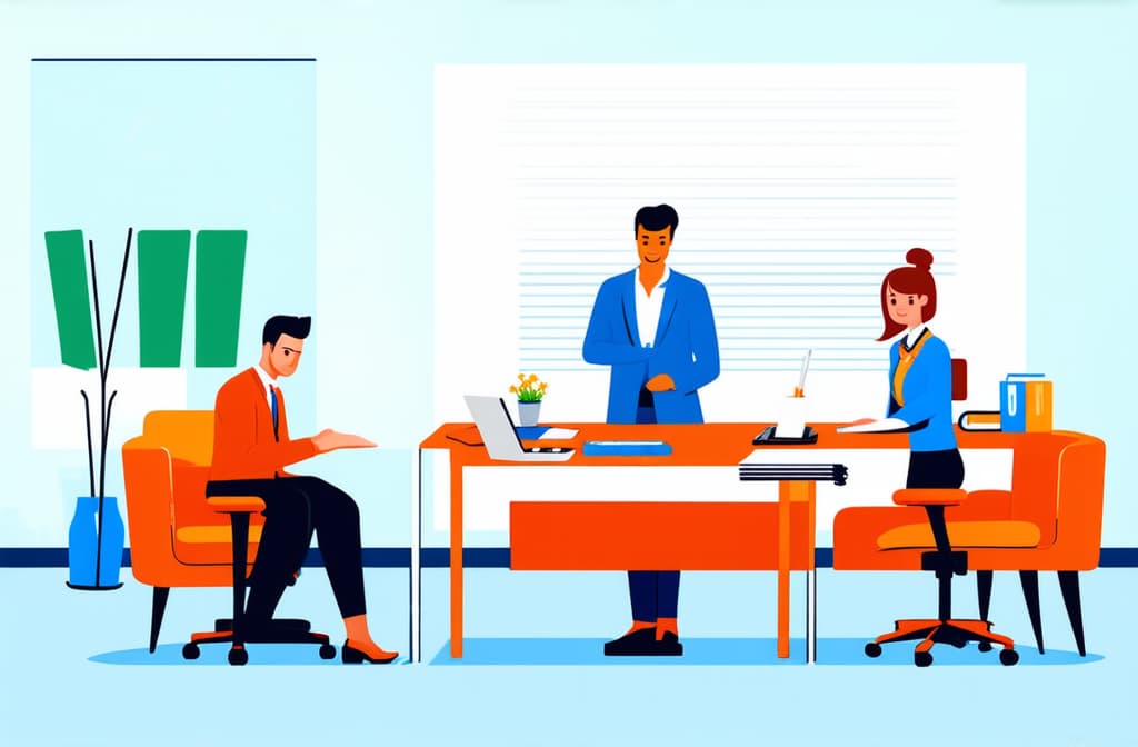  flat illustration, flaticon, (illustration:1.15), people working in office. business illustration representing busy life ar 3:2, [cory loftis, strobist, pascal campion :: 0.2]