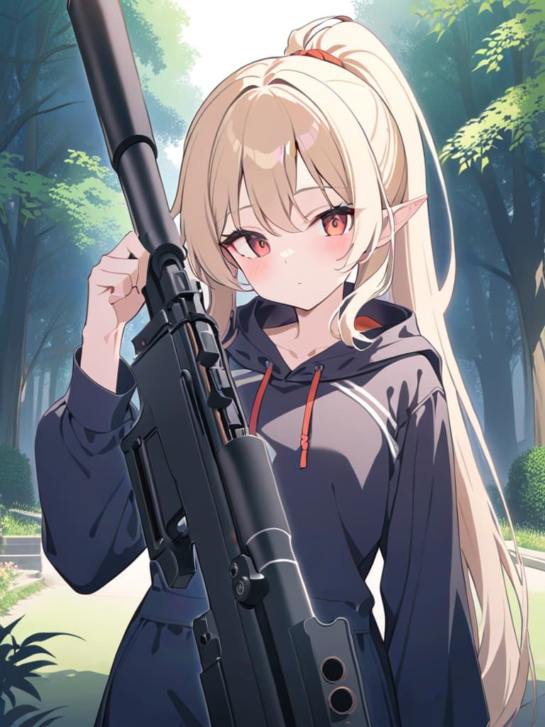  best quality、masterpiece、ultra detailed texture、absurd resolution、raw photorealistic、((blonde elf aiming at viewer with sniper rifle:1.8、accurate sniper rifle:1.2))、(tilt one's head、camouflage pattern clothes:1.2)、hold the sniper rifle、ponytail、in bush、💩、💩、💩、💩、💩、