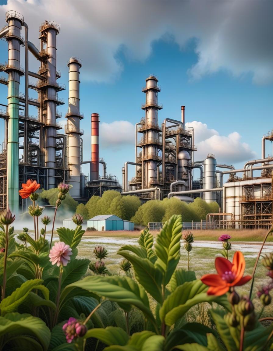  expressionist light on the right clear field against the background of the refinery against the background of a clear blue sky . raw, emotional, dynamic, distortion for emotional effect, vibrant, use of unusual colors, detailed hyperrealistic, full body, detailed clothing, highly detailed, cinematic lighting, stunningly beautiful, intricate, sharp focus, f/1. 8, 85mm, (centered image composition), (professionally color graded), ((bright soft diffused light)), volumetric fog, trending on instagram, trending on tumblr, HDR 4K, 8K