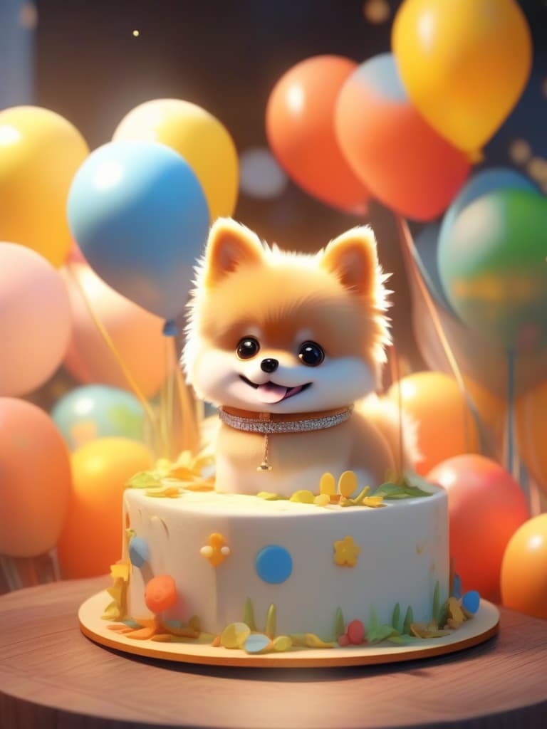  animation style,one animal,笑顔、orange,cute pomeranian,happy birthday,cake🎂,balloons,masterpiece,high quality,8k