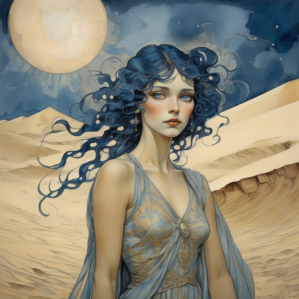  mucha paint a beautiful woman in sand desert stormy, watercolor and ink imperial colors, art deco by annigoni, egon schiele, milo manara, botticelli, catrin welz stein, jean metzinger, klimt, perfect eyes, perfect handsface, highly detailed, splatter, dynamic pose, dark blue background