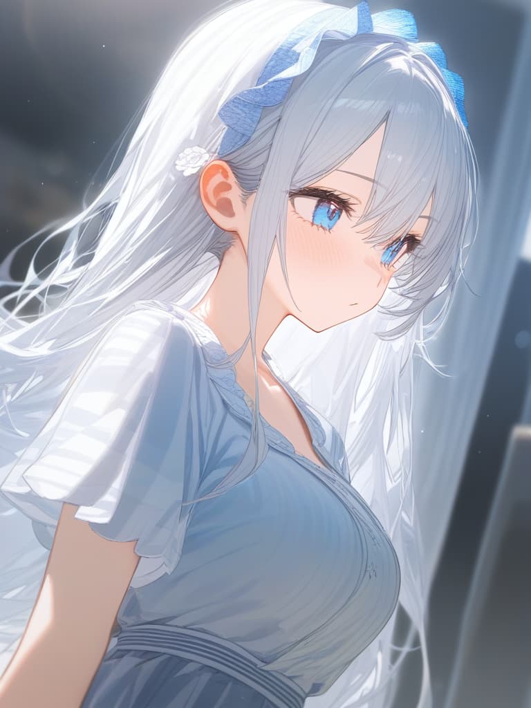  girls, white hair, white hair, long hair, light blue gradation hair color, light blue eyes, headdress, frill, short yukata, straight hair, masterpiece, best quality,8k,ultra detailed,high resolution,an extremely delicate and beautiful,hyper detail