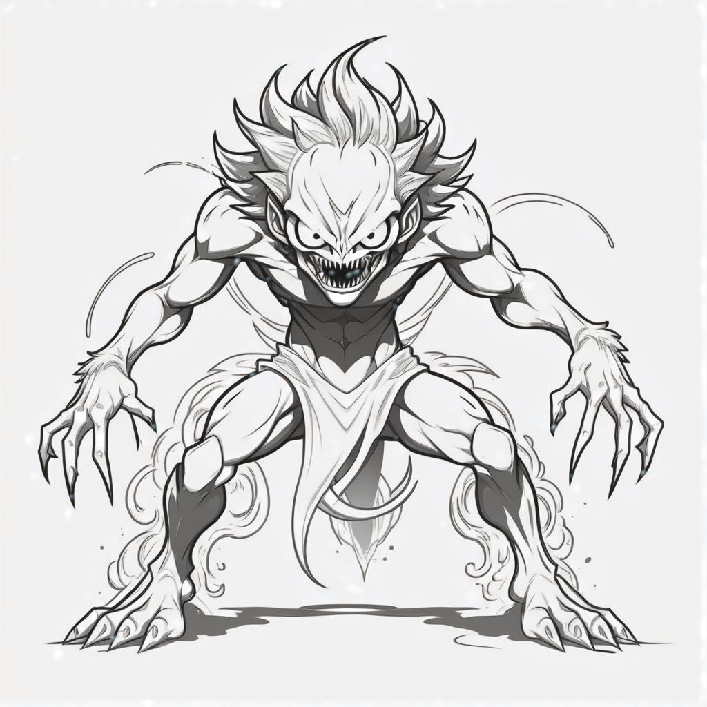  line art drawing one eye monster, battle pose, same nightmare. anime style . professional, sleek, modern, minimalist, graphic, line art, vector graphics