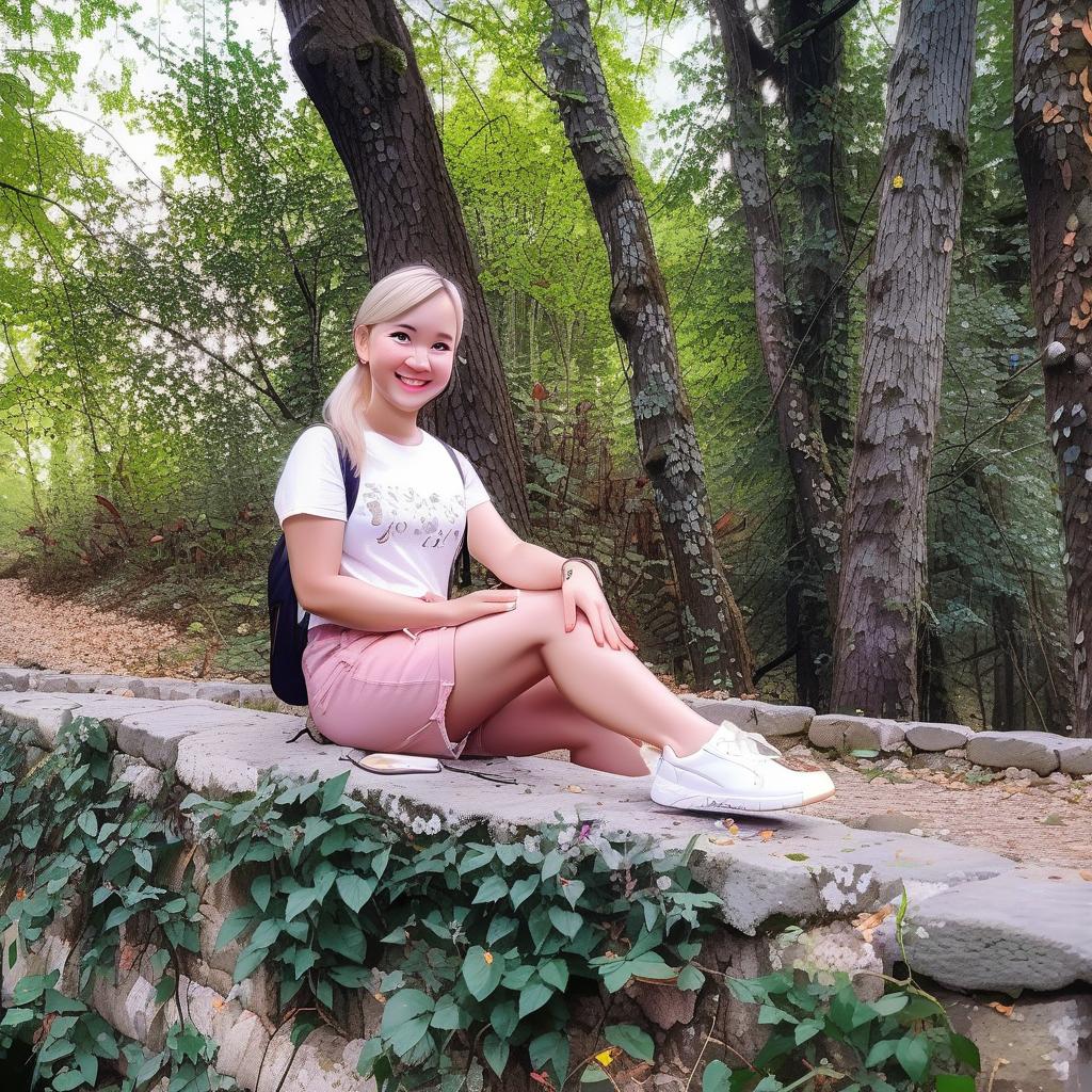  a woman sitting on a stone wall in a wooded area smile the background is a fabulous forest, a little gloomy, fireflies. to the right of the girl is a cute white rabbit and a white hedgehog.