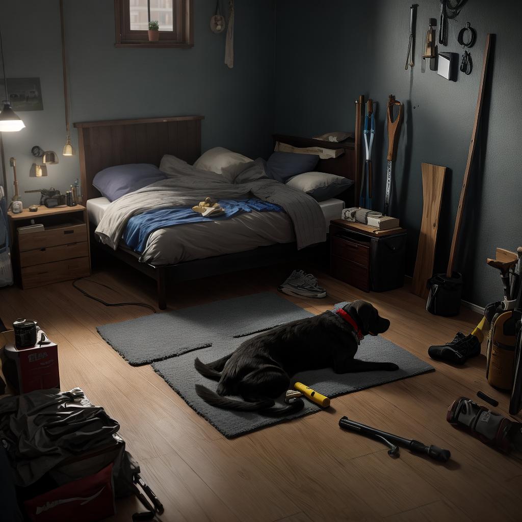  A small, dimly lit room with tools and spare parts scattered on the floor. Thug was sitting beside the bed, panting. He had just finished punching a sandbag, stroking his Labrador pet with his left hand and lighting a Chinese cigarette with his right hand. He looked out of the window into the distance and seemed to be thinking about something.