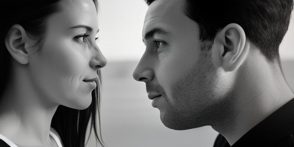  black and white portrait of man and woman looking to each other side perspectice