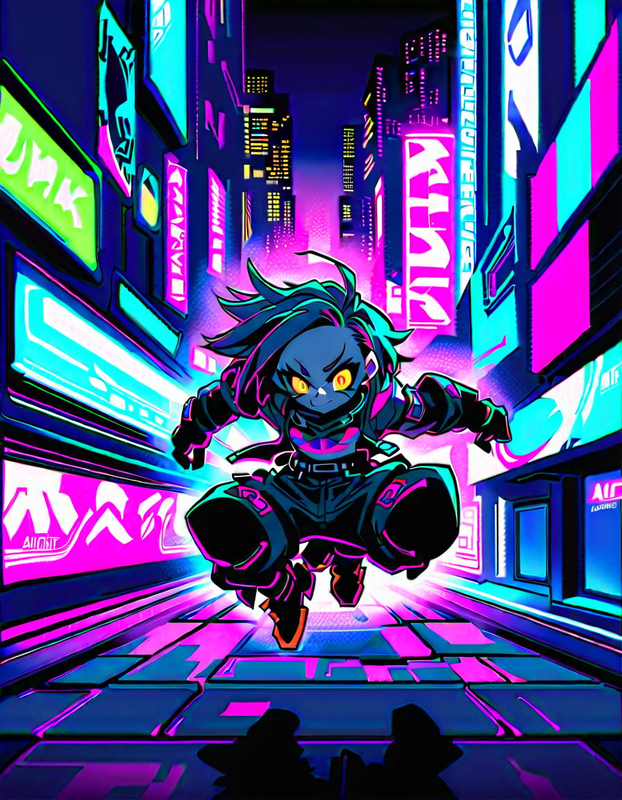  young punk, holding a futuristic weapon, leaping through the air, determined, break colorful, vibrant cyberpunk city, neon lit alleyway, graffiti, holographic billboards, neon lights, futuristic vehicles, break futuristic and gritty, glowing neon effects, dynamic motion lines,