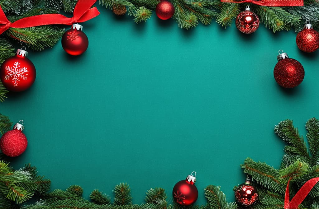  professional detailed photography, festive christmas baubles and decorations on a teal background with space for text ar 3:2, (muted colors, dim colors, soothing tones), (vsco:0.3)