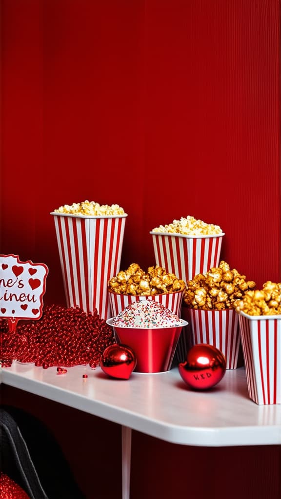  valentine's day magic at the cinema. side view shot captures table set with striped containers holding caramel popcorn, heart ornaments, a love inspired sign, and sprinkles against a vibrant red wall ar 9:16 {prompt}, maximum details