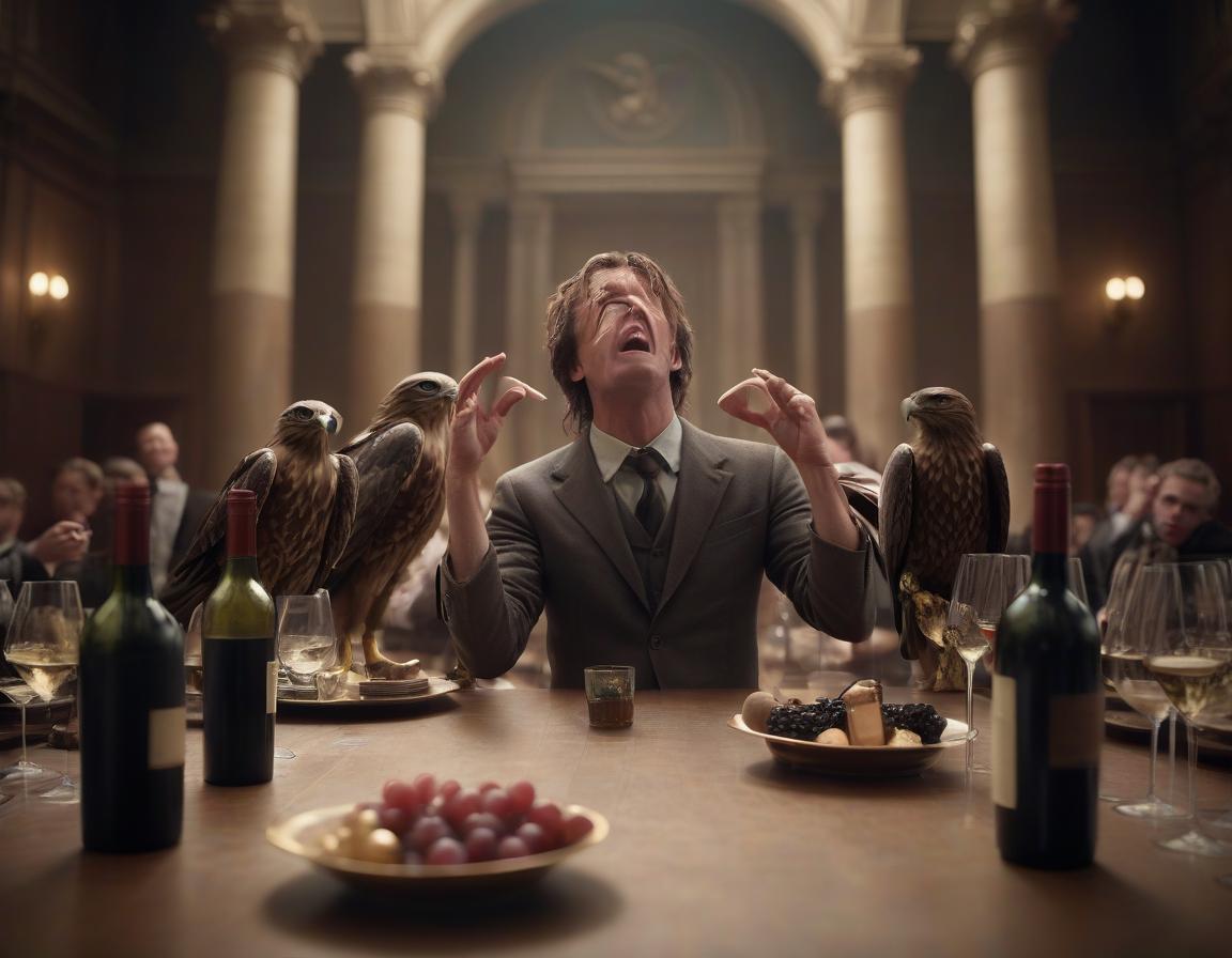  cinematic film still anthropomorphic hawk guy holds his hands over his head in a victory cry, flanked by five cups of best wines amid chamber hall . shallow depth of field, vignette, highly detailed, high budget, bokeh, cinemascope, moody, epic, gorgeous, film grain, grainy