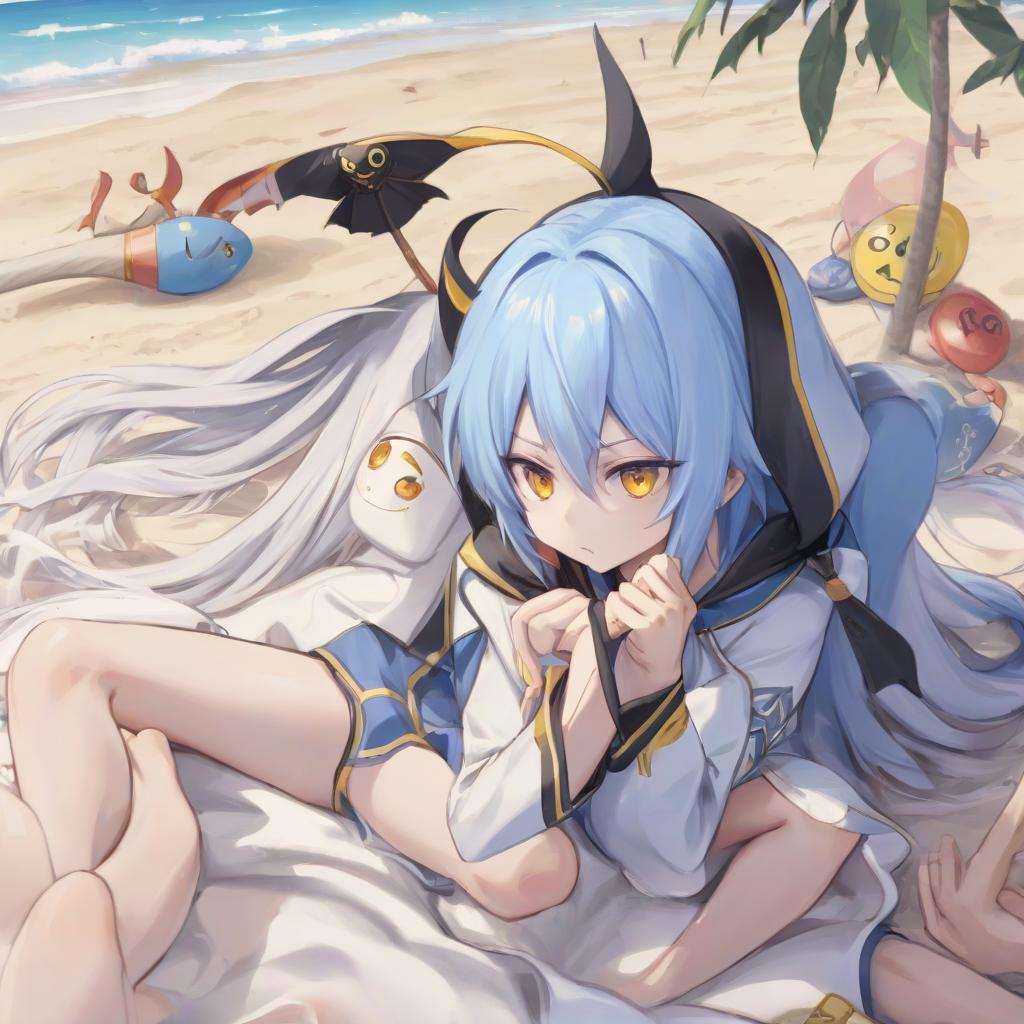  anime artwork rimuru tempest, one , golden eyes, , on the beach . anime style, key visual, vint, studio anime, highly detailed