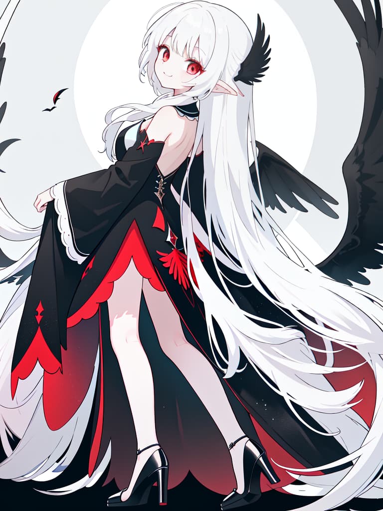  big s, whole body, white hair, super long long hair, smiling, beautiful , red eyes, black wings, pin heels, back round spells, beautiful s, masterpiece, best quality,8k,ultra detailed,high resolution,an extremely delicate and beautiful,hyper detail