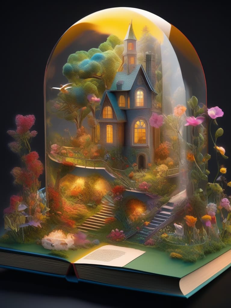  ((((world in domed glass 1.4))))((3d modeled paper)) 3d paper modeling artwork beyond limits ((open book,flower garden gentle fairy tale world,3d modeled characters inside the book)),neon color super detailed,high resolution,absurd,adopted,