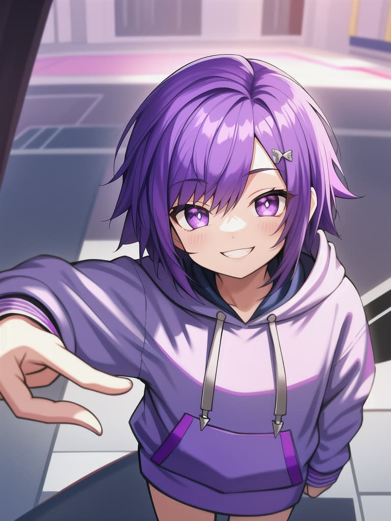  Short, hoodie, purple hair, cute, smile, boy, happy, short, cute, masterpiece, best quality,8k,ultra detailed,high resolution,an extremely delicate and beautiful,hyper detail