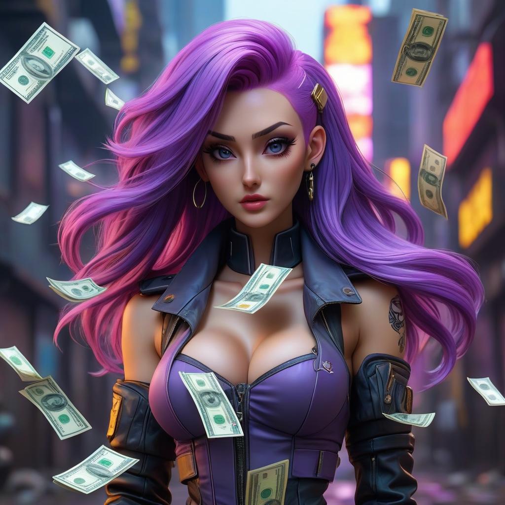  cyberpunk game style a girl with purple hair, money in her hands, money falling from the sky, full length, long hair, anime . neon, dystopian, futuristic, digital, vibrant, detailed, high contrast, reminiscent of cyberpunk genre video games hyperrealistic, full body, detailed clothing, highly detailed, cinematic lighting, stunningly beautiful, intricate, sharp focus, f/1. 8, 85mm, (centered image composition), (professionally color graded), ((bright soft diffused light)), volumetric fog, trending on instagram, trending on tumblr, HDR 4K, 8K