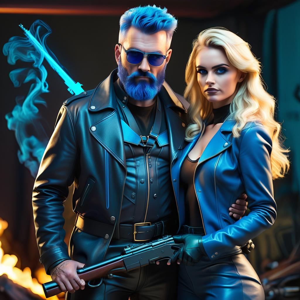  a man with a blue beard with a rifle and a blonde woman in a leather coat standing next to him, t shirt design, glowneon