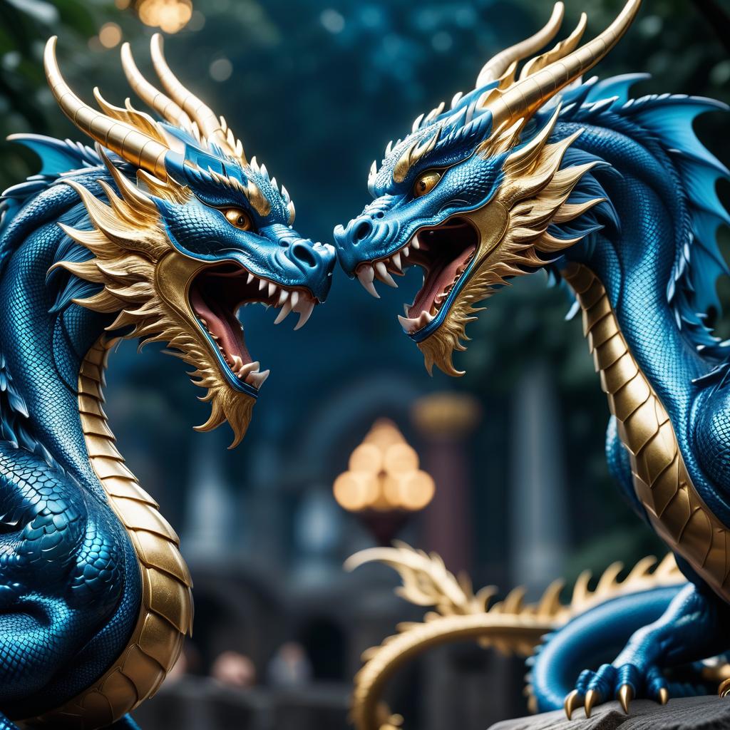  cinematic photo blue and golden dragons fight to the death . 35mm photograph, film, bokeh, professional, 4k, highly detailed, civitai, hkmagic