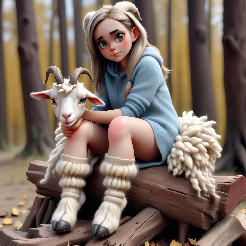  the girl, her legs are goats, covered with wool hooves, sitting on a stump, sticker