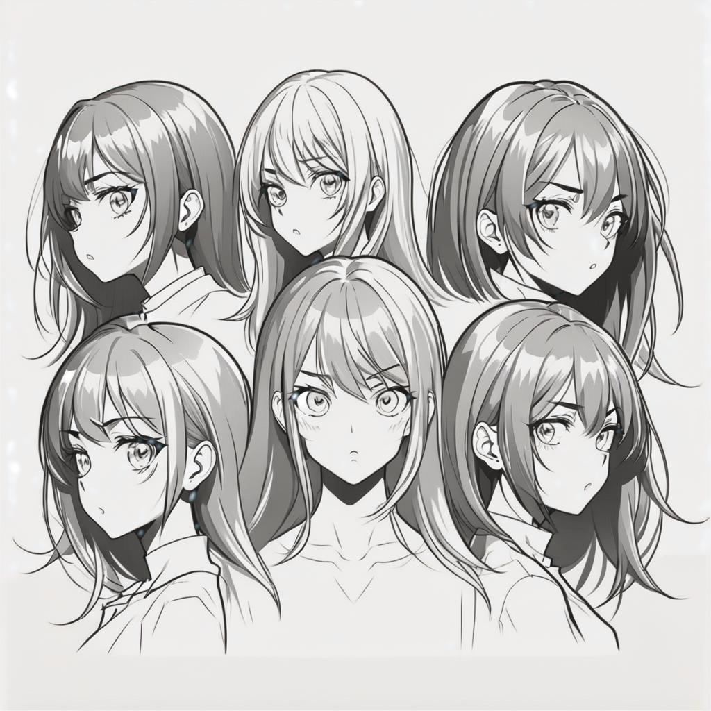  line art drawing 6 girl head different angle, long hair, same nightmare. anime style . professional, sleek, modern, minimalist, graphic, line art, vector graphics