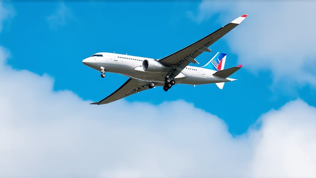  professional detailed photography, realistic photo of a white airplane flying in the sky with clouds, angle from below, sunny day, bottom up view, extreme long shot, vertical format ar 3:2 ar 16:9, (muted colors, dim colors, soothing tones), (vsco:0.3)