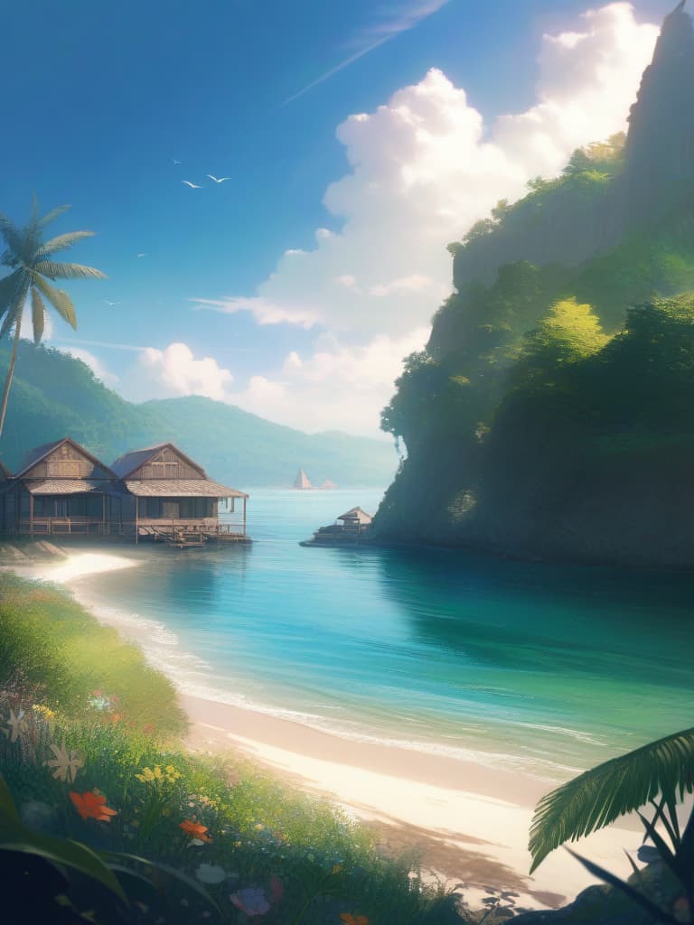  (maximum quality: 1.2), very detailed, realistic: 1.37, masterpiece: 1.2, whitesone, uninhabited islands, small houses, small houses, quiet, peaceful atmosphere, calm waves, vivid greenery blue, sunlight inserts from between leaves, clear water, remote beach, rocky cliff, rich vegetation, birds, footsteps walking on the sandy, the sound of the wave that is rushing, the birds flying in the sky. , blooming colorful flowers, cozy wooden cabins, hammock swaying in the wind, wooden docks, boats anchored in the distance, road leading to the forest, swaying palm trees, scattered shells scattered on the coast.