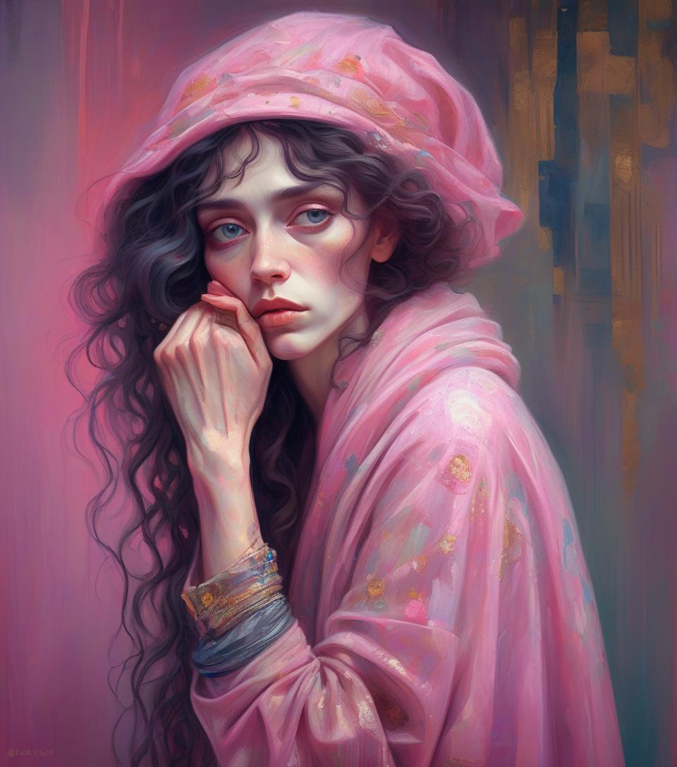  concept art oil painting portrait fashionable homeless woman, by gustav klimt, sad, romantic, breathtaking, by anna dittman, by gustav klimt, pink . digital artwork, illustrative, painterly, matte painting, highly detailed