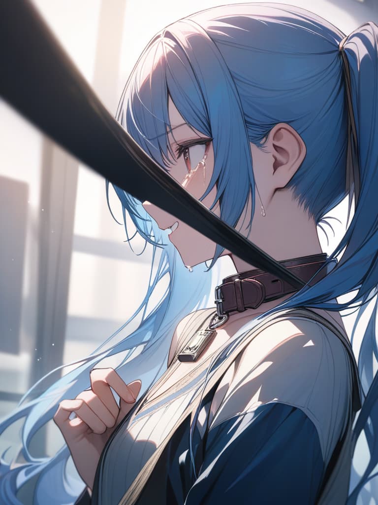  twin tails, blue hair, , , crying face,, small s,,,,,,, with a lock, s, skin, a collar, gles , gles , ren wearing gles, ren, masterpiece, best quality,8k,ultra detailed,high resolution,an extremely delicate and beautiful,hyper detail