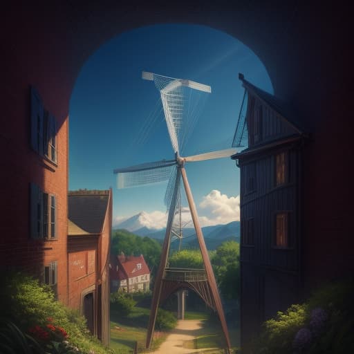  (best quality), ((masterpiece)), (highres), illustration, original, extremely detailed, no humans, outdoors, cow, tree, scenery, grass, windmill, house, sky, fence, building, sky, mountain