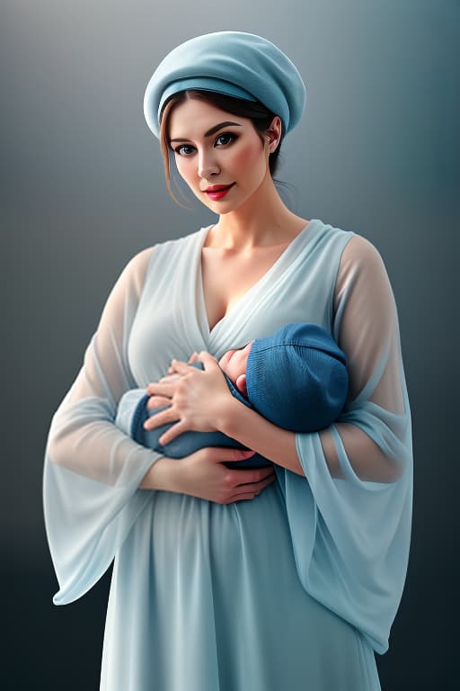  a woman with a baby on her hands. the baby in the blue beret., (watercolor painting) soft colors ,fluid strokes ,transparent layers hyperrealistic, full body, detailed clothing, highly detailed, cinematic lighting, stunningly beautiful, intricate, sharp focus, f/1. 8, 85mm, (centered image composition), (professionally color graded), ((bright soft diffused light)), volumetric fog, trending on instagram, trending on tumblr, HDR 4K, 8K