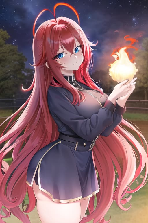   natsu dragneal,masterpiece, best quality, 1women, long red hair, looking at viewer, :3, cute, black uniform, outdoors, streets, cow shot, curvy, (((blue eyes))), rias gremory, red hair, antenna hair, wavy hair, ((beautiful detailed eyes, beautiful detailed glow, lots of glow)), anime screencap