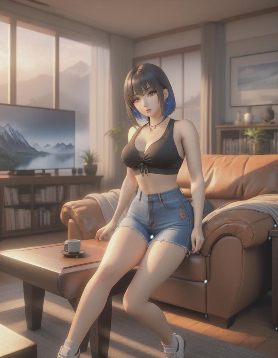  anime artwork . huge , crop top, short jeans shorts. livingroom . anime style, key visual, vint, studio anime, highly detailed hyperrealistic, full body, detailed clothing, highly detailed, cinematic lighting, stunningly beautiful, intricate, sharp focus, f/1. 8, 85mm, (centered image composition), (professionally color graded), ((bright soft diffused light)), volumetric fog, trending on instagram, trending on tumblr, HDR 4K, 8K