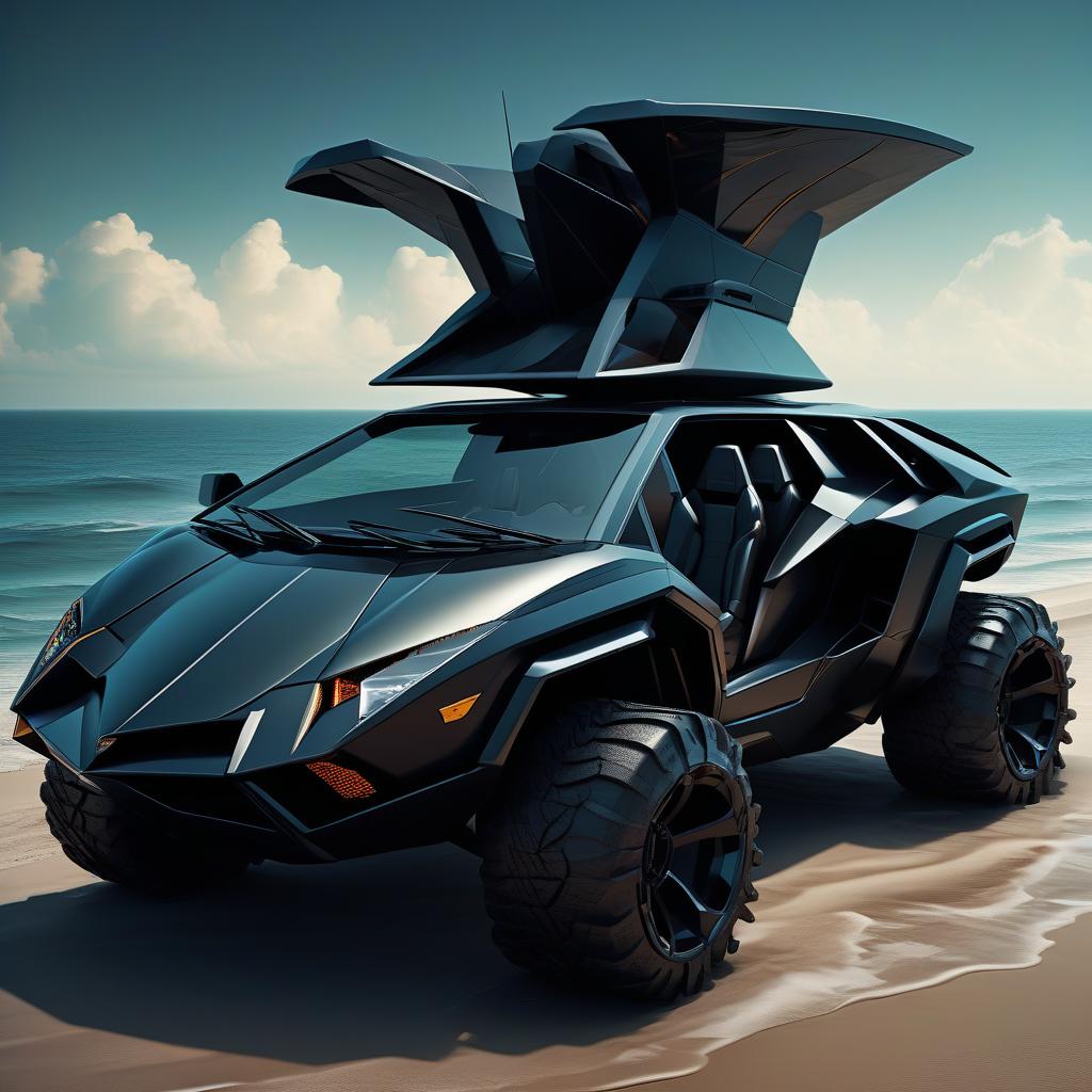  nautical themed retro futuristic, black, brutal suv, externally reminiscent of the lamborghini countach. . sea, ocean, ships, maritime, beach, marine life, highly detailed