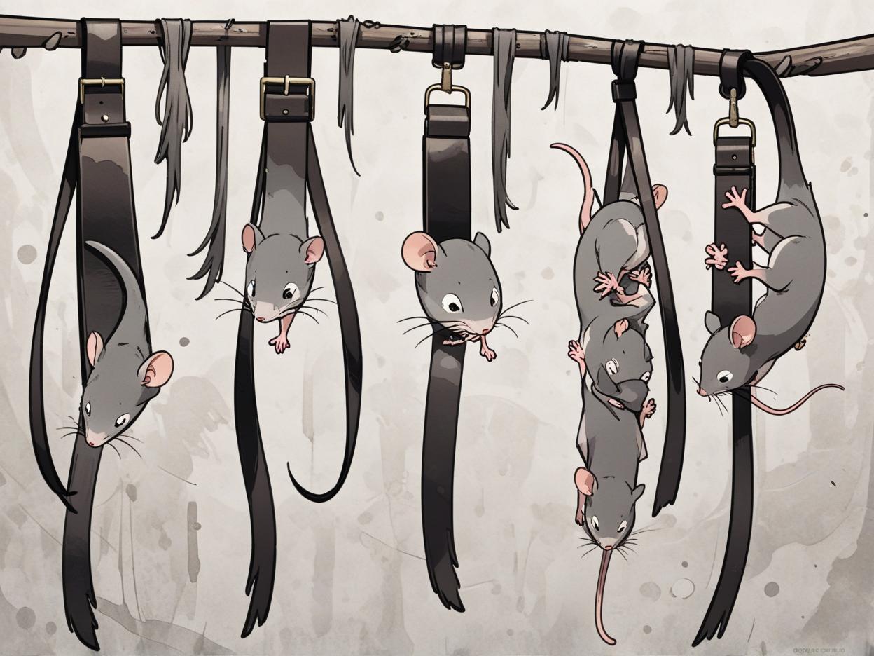  manga artwork a leather belt consisting of several withering rat tails hanging from it. manga artist. manga, highly emotional. best quality, high resolution